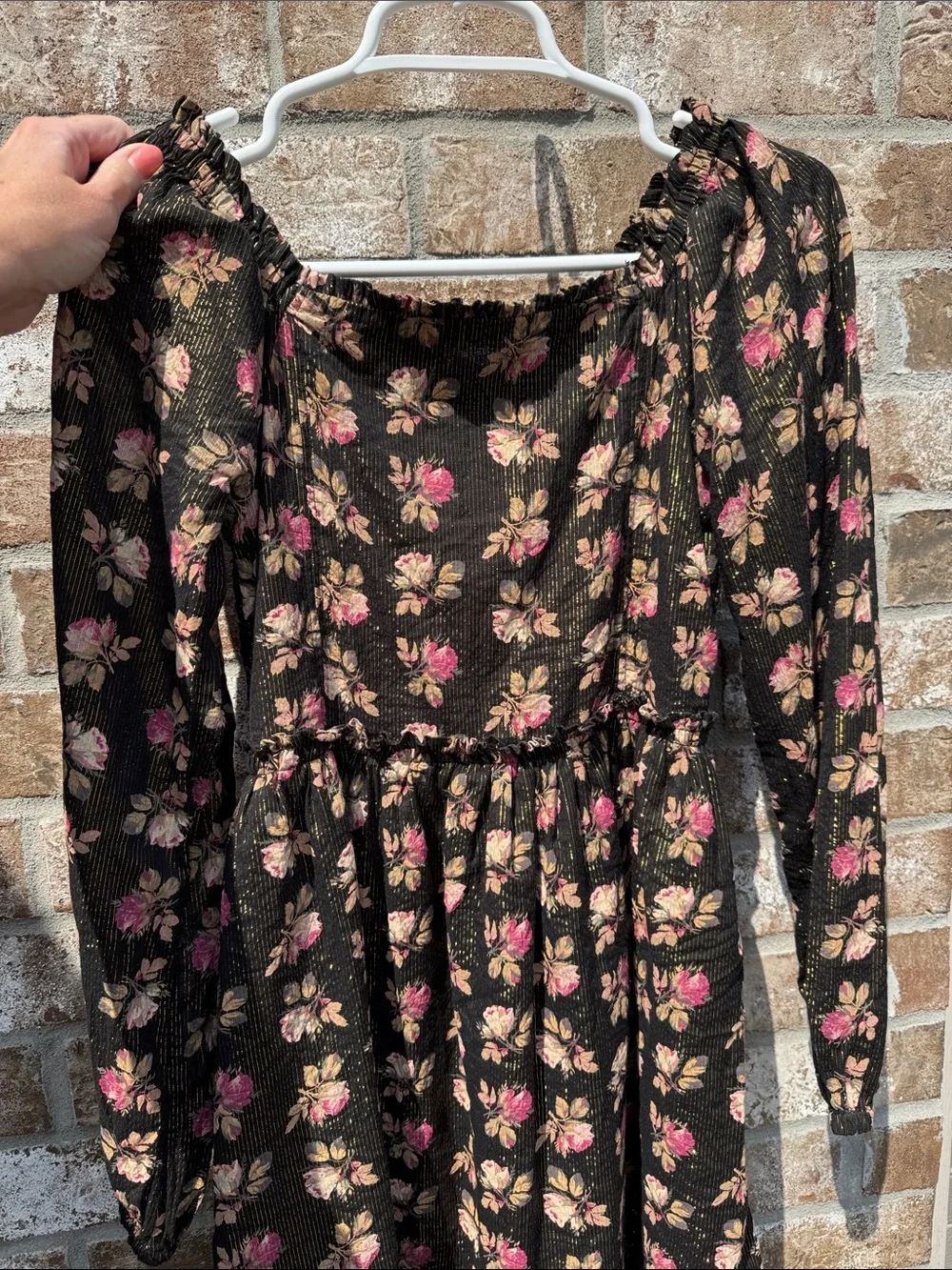 GAP Kids Black Floral Smocked Long-Sleeve Dress with Pink and Cream Flowers